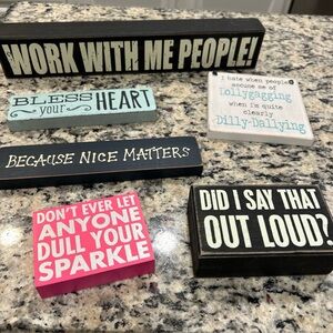 Lot of six funny wooden signs